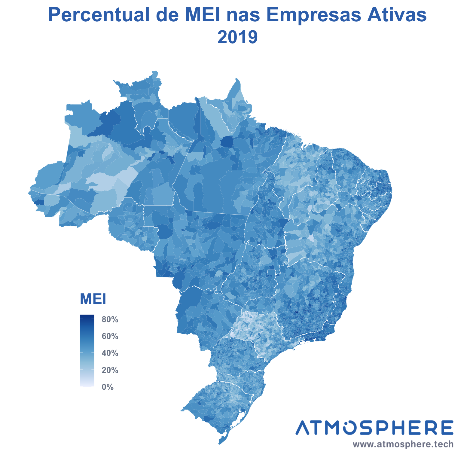 Atmosphere Mapa de MEI Ativos percentual por município em 2019